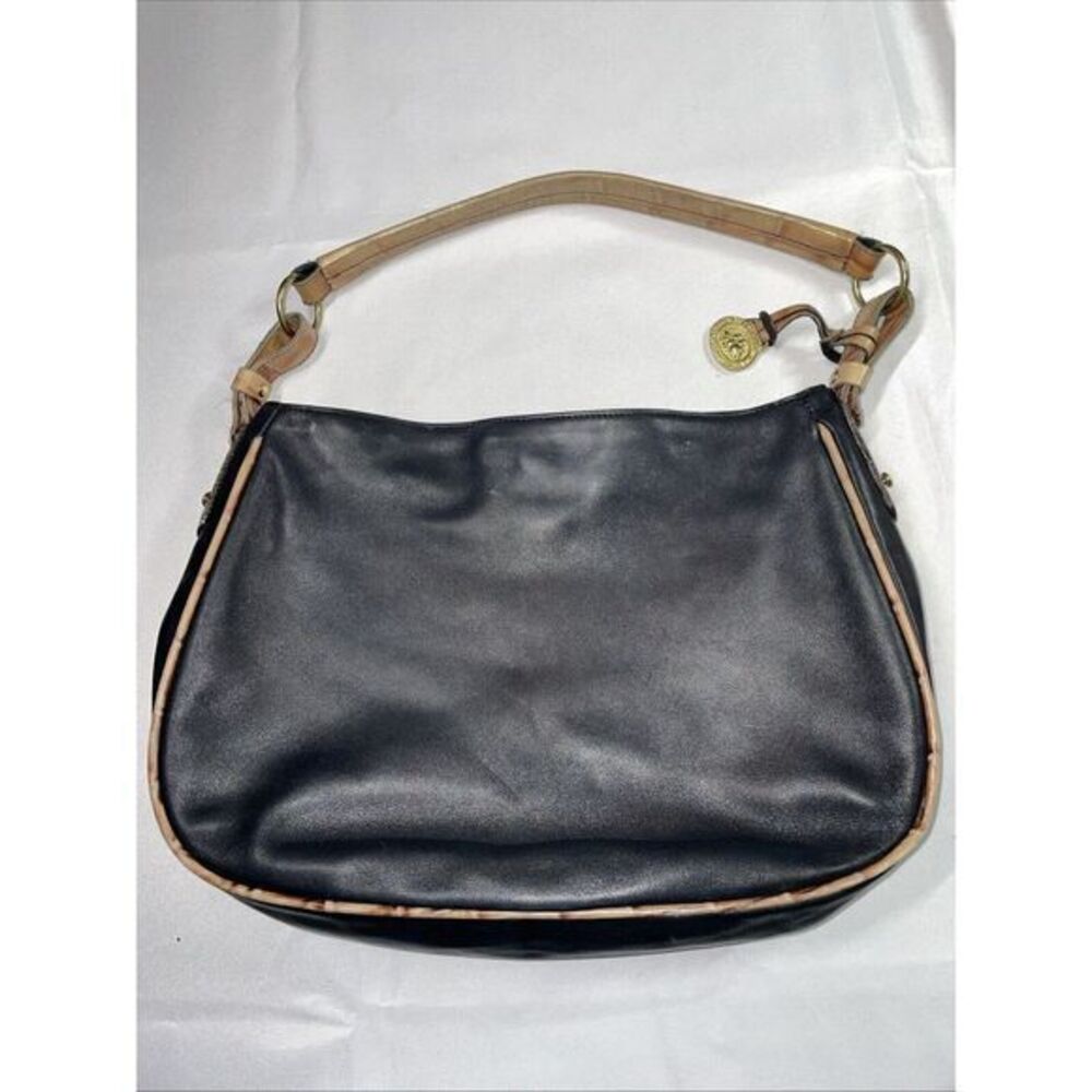 Brahmin Black‎ Leather Handbag Pecan Croc Embossed Trim & Handle 13x9.5"